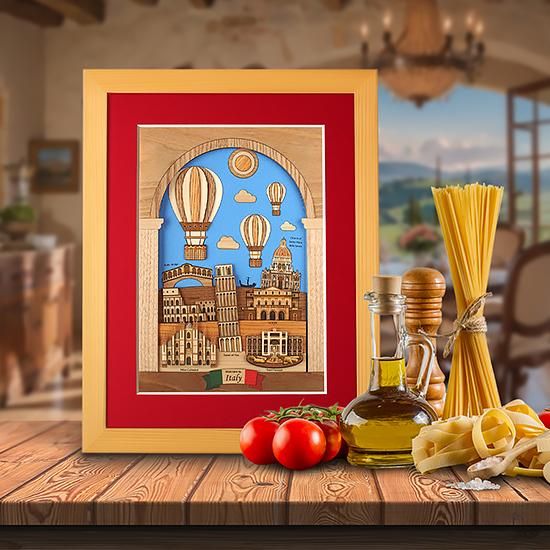 木はり絵アート「イタリア」 （額縁入り完成品）- 木製切り絵アート