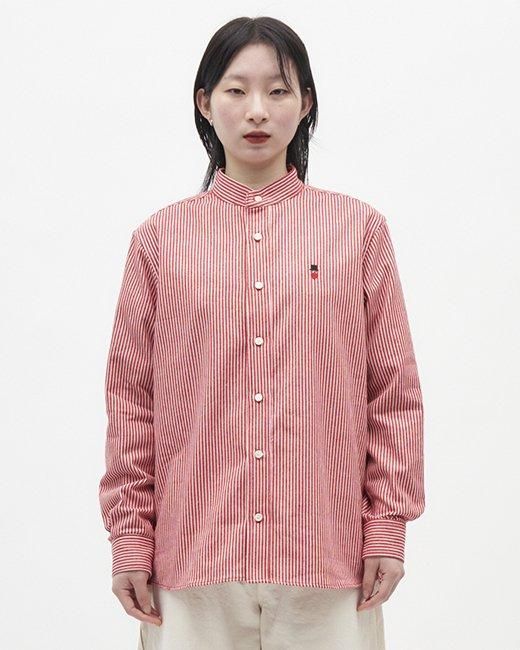 ヒッコリーストライプ スタンドカラーシャツ（長袖）