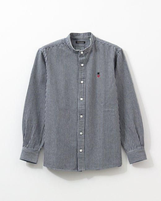 ヒッコリーストライプ スタンドカラーシャツ（長袖）