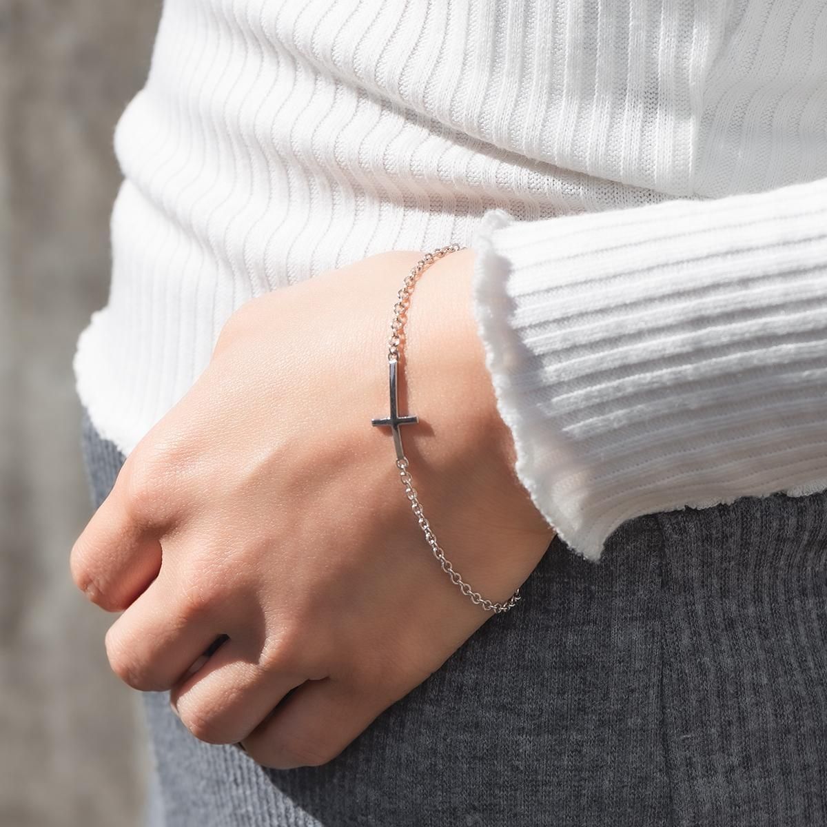 シルバー サイドウェイズクロスブレスレット 幅2mm 18cm-20cm