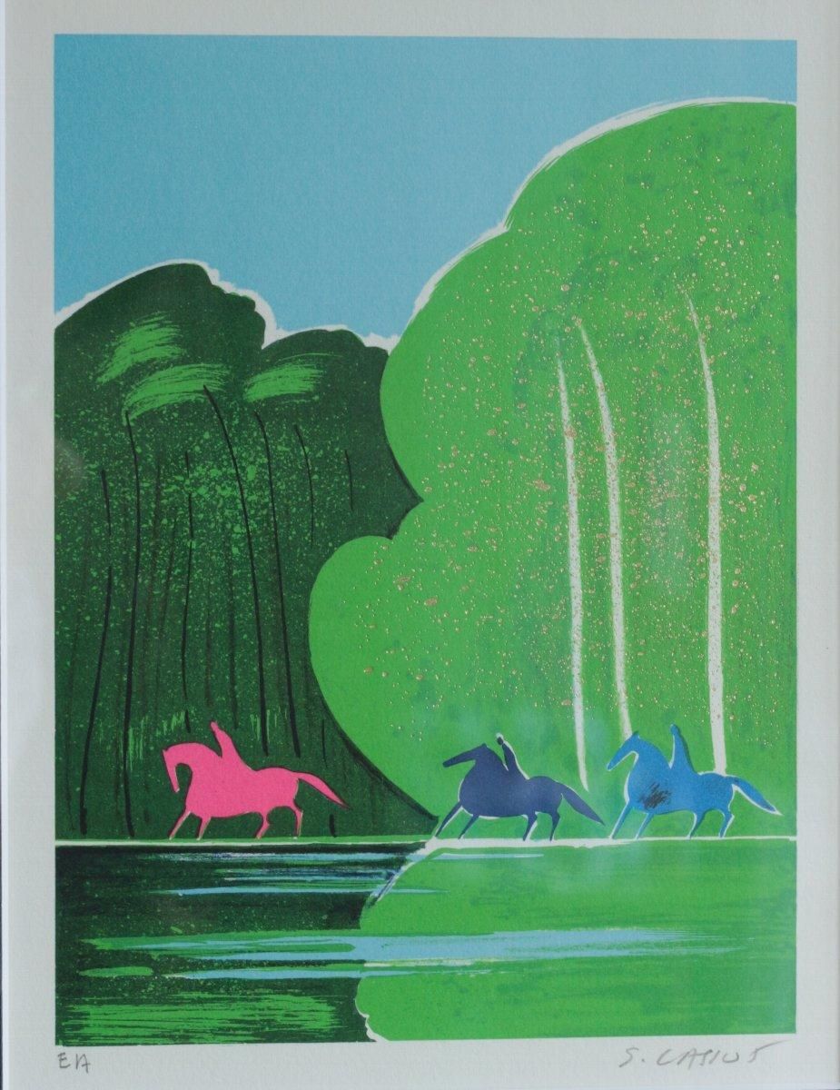 リトグラフ版画 セルジュ・ラシス「湖畔の三頭の馬」商品番号32091501