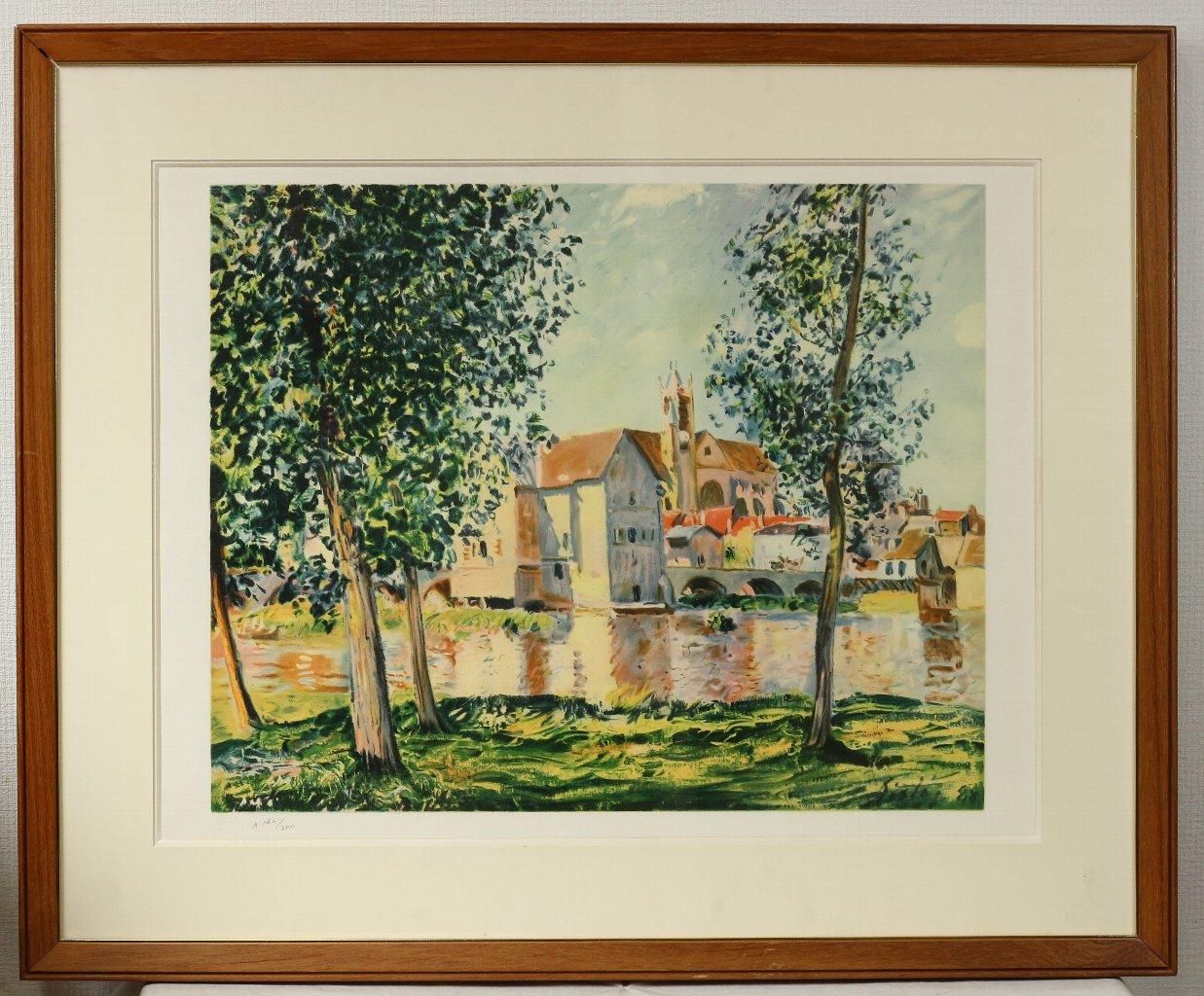 リトグラフ版画 外国作家不詳「川側の教会」 商品番号34110910- 絵の