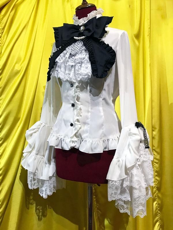 ◇受注商品◇デコラティブタイ付き姫袖ブラウス：白×白レース - MARBLE