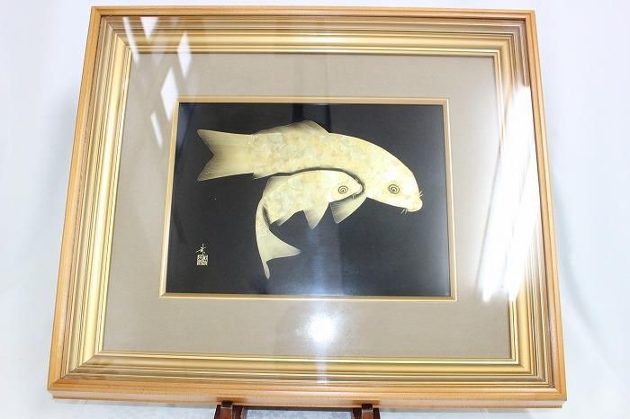 E-324輪島塗沈金色漆双鯉文飾額 輪島漆芸作家加治武作 - 石川県金沢の