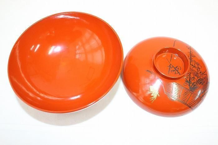 F-1110輪島塗本木地造朱塗松竹梅文沈金蒔絵付吸物椀全18客バラ売