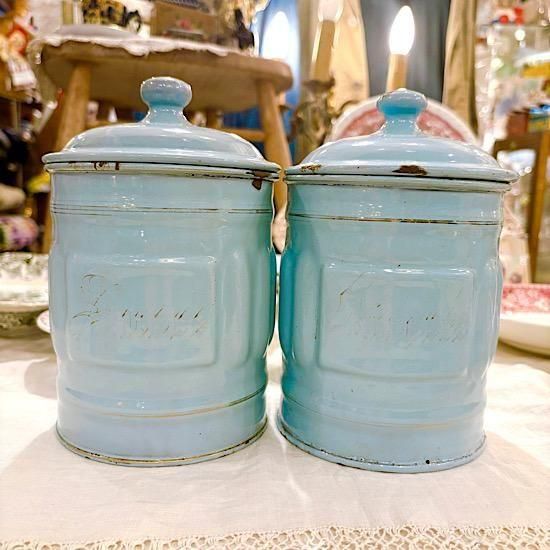 フランス1930年代 ＊ ベビーブルー・ホーロー・キャニスター2コセット
