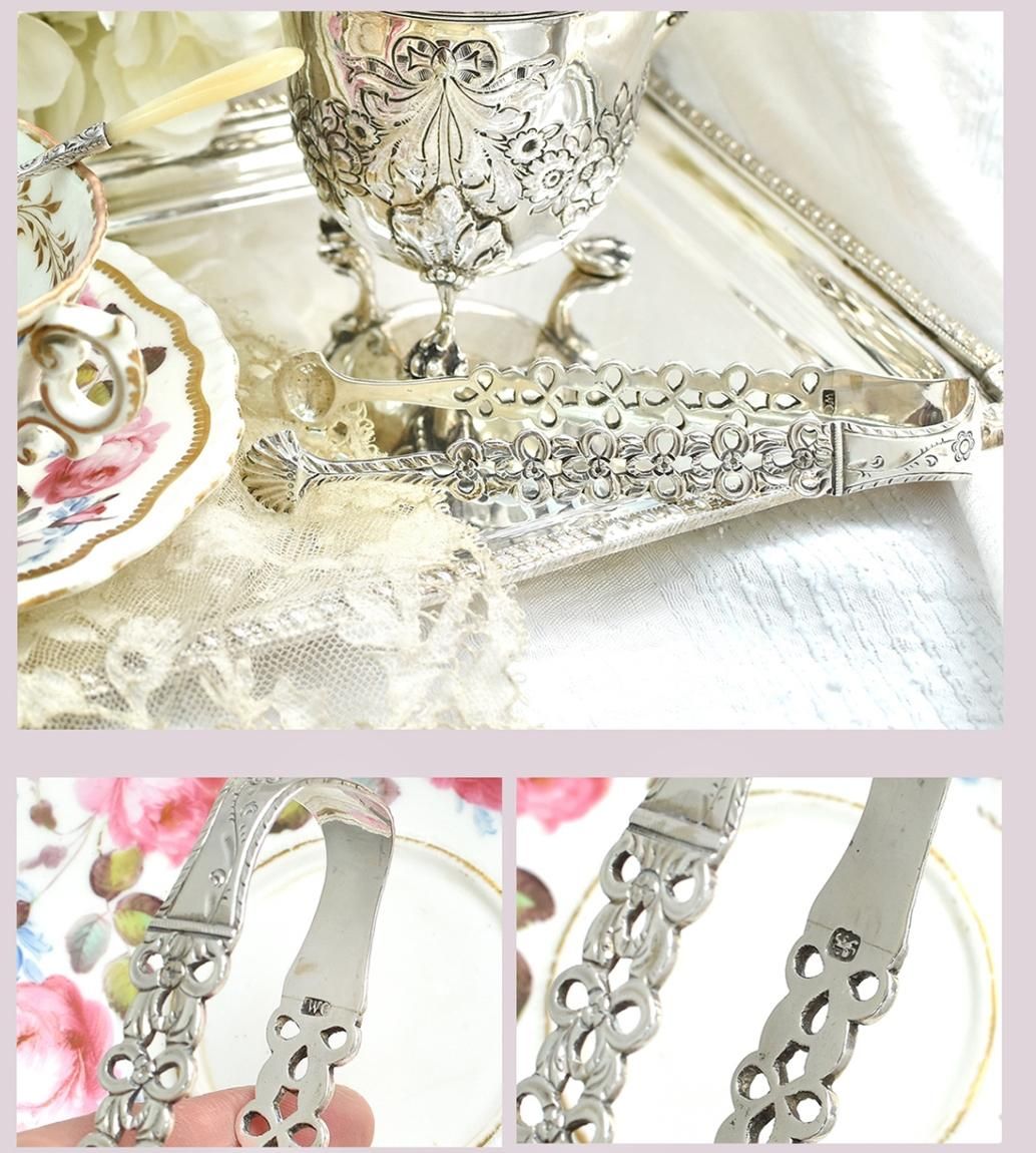 英国アンティーク銀器【純銀】透かしのシュガートング - Edwardian