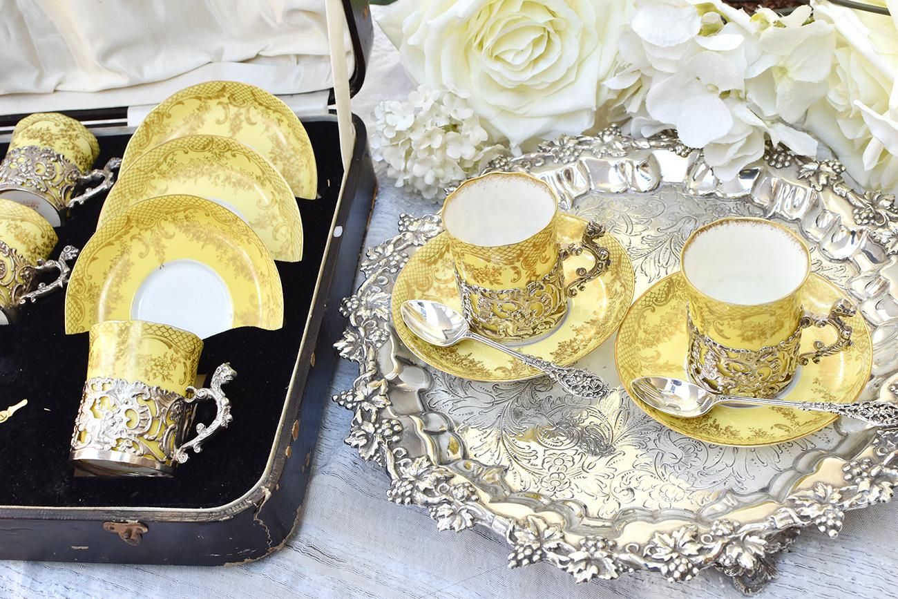 英国アンティーク銀器【純銀】コーヒーデミタスカップセット William