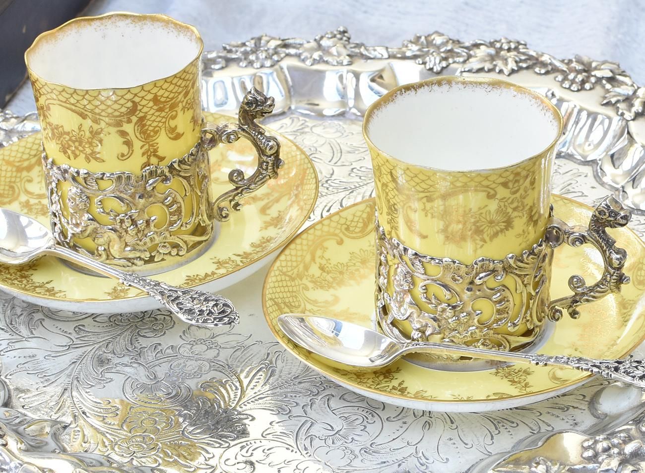 英国アンティーク銀器【純銀】コーヒーデミタスカップセット William