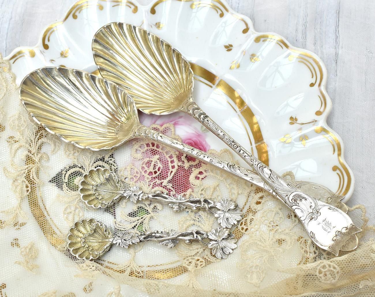 英国アンティーク銀器【純銀】1861年 シェルのソルトスプーン ペア