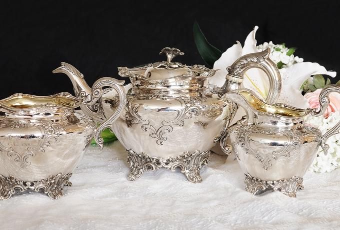 英国アンティーク銀器【純銀】ティーセット3点 Edinburgh