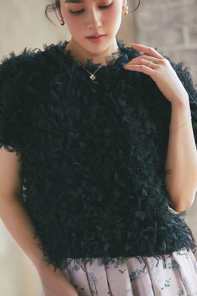 フリンジチュールトップス(ブラック) - seventen