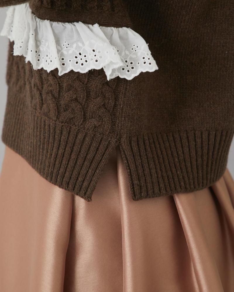 パッチワークフリルレースニット(ブラウン) - seventen