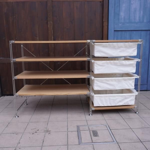 無印良品(MUJI)のオーク材 4段帆布バスケット付きステンレスユニット