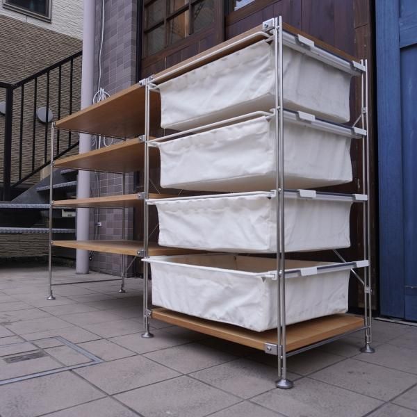 無印良品(MUJI)のオーク材 4段帆布バスケット付きステンレスユニット