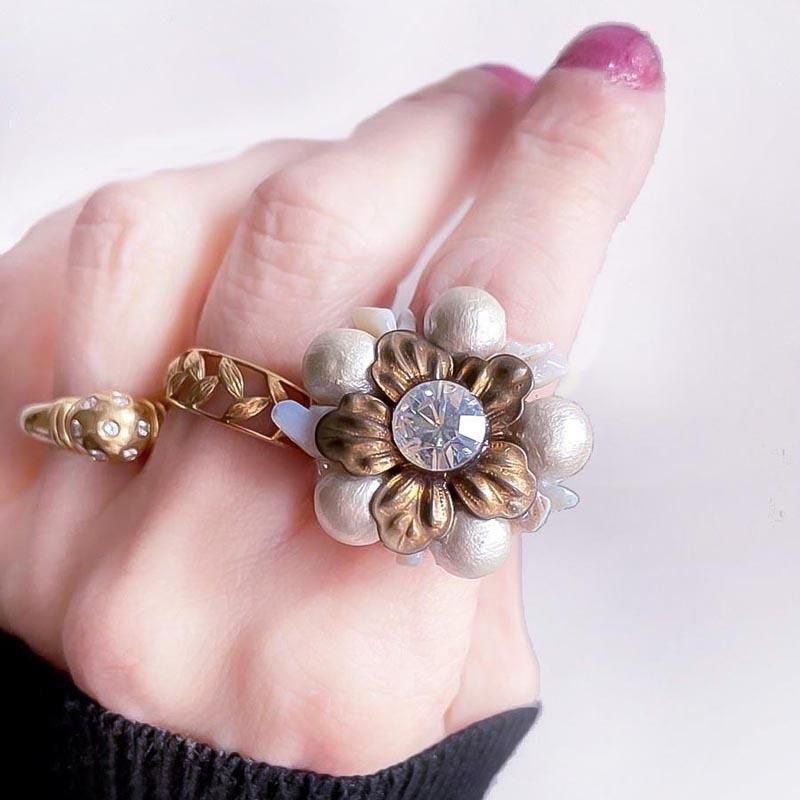 ヴィンテージ フラワー リング (指輪) 大粒 コットンパール ゴールド
