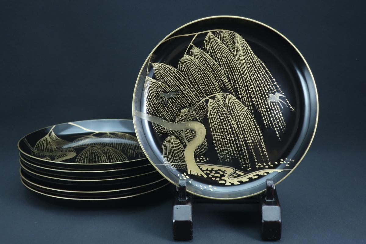 黒塗「柳に燕」蒔絵六寸皿 五枚組 / Black-lacquered Plates with