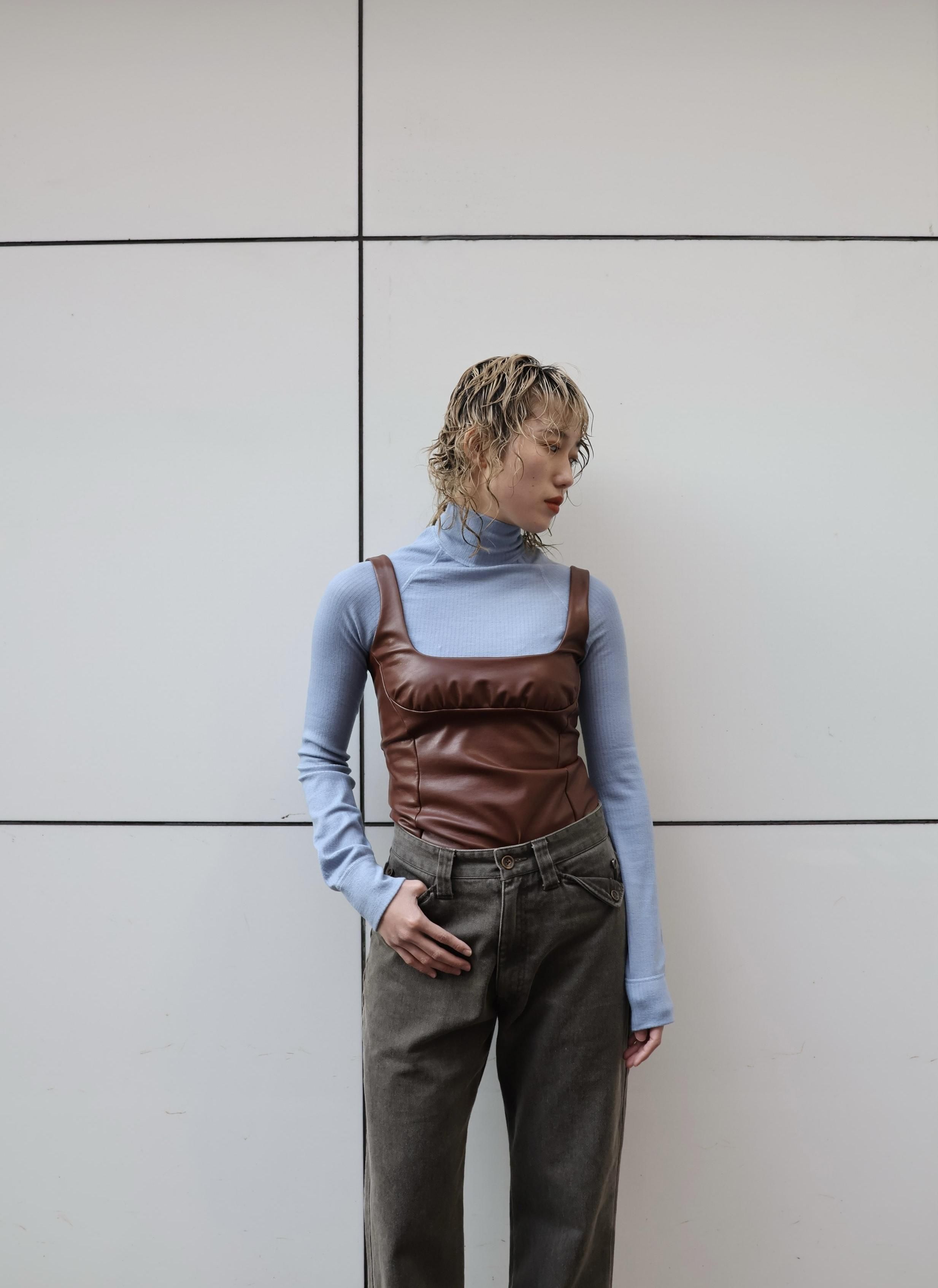 FUMIKA UCHIDA： STRETCH VEGAN LEATHER BODY SUIT - MID BROWN