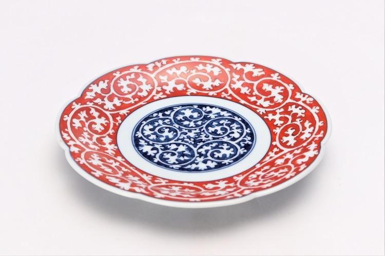 亮秀窯 紺朱唐草 6寸輪花皿