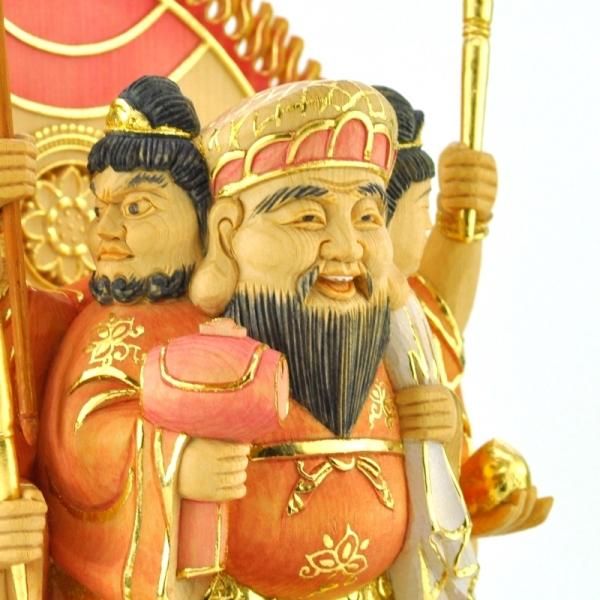 木彫り仏像 【三面大黒天】 桧木 立3.0寸 淡彩切金 総高25cm