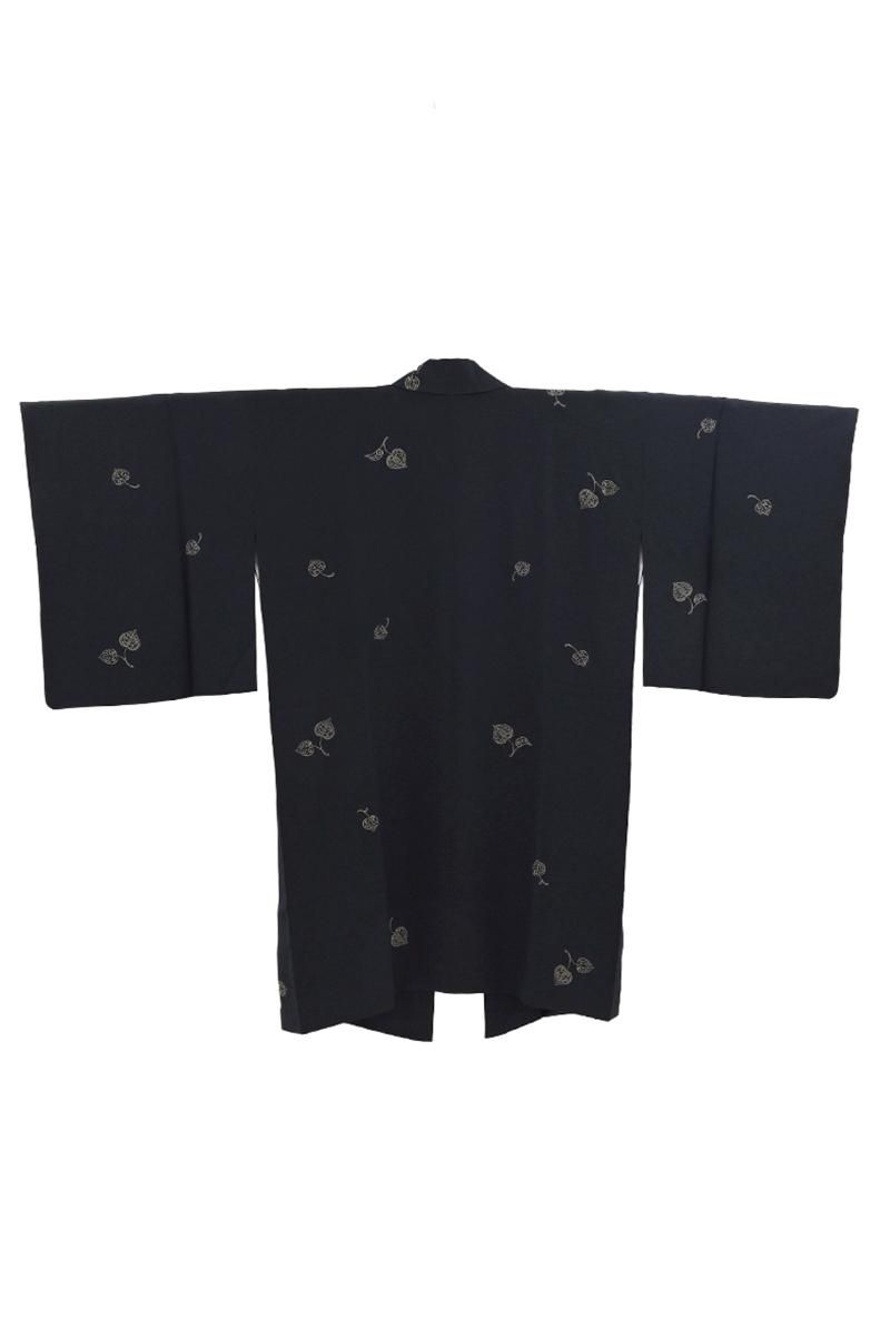 銀座【E-2328】嵯峨印傳 道中着 鉄紺色 葵文（反端付） :身丈94/裄65