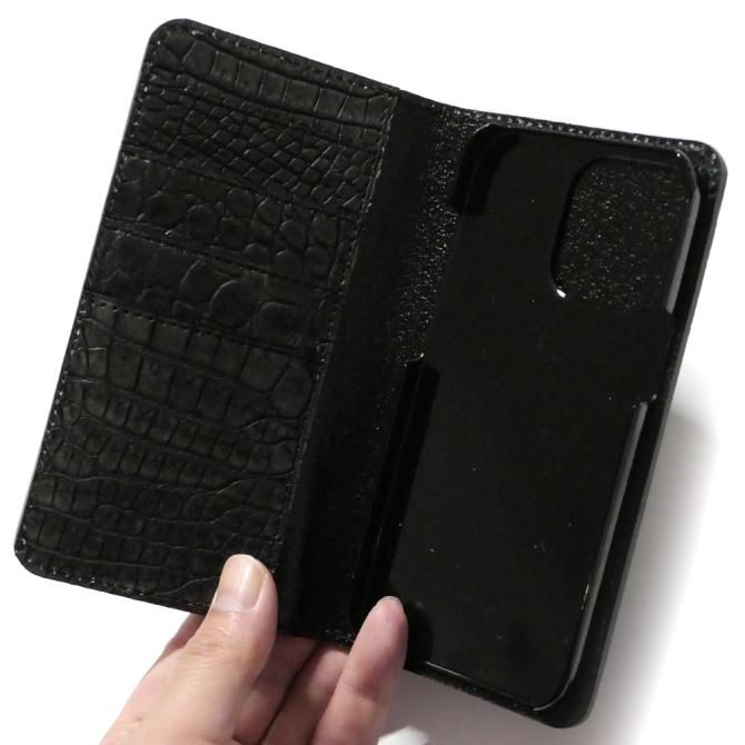 Xperia Galaxy 手帳型 ケース 本革 クロコダイル 墨黒- パイソン