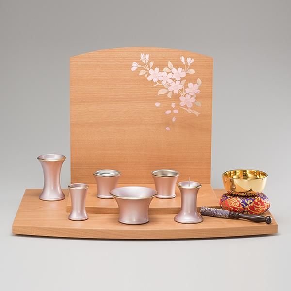 卓上仏壇オールセット〈色：ナチュラル〉 仏具6具足（ピンク） 純金