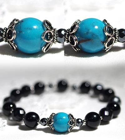 天然ターコイズと黒水晶、ヘマタイトの魔除けデザインブレスレット
