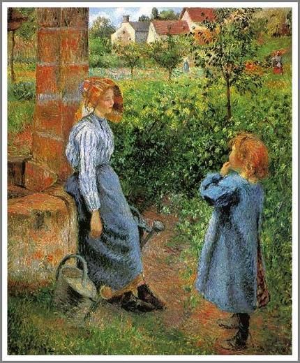 ピサロ【井戸端の女と子供】 - 手描き 絵画（油絵複製画）販売のアート