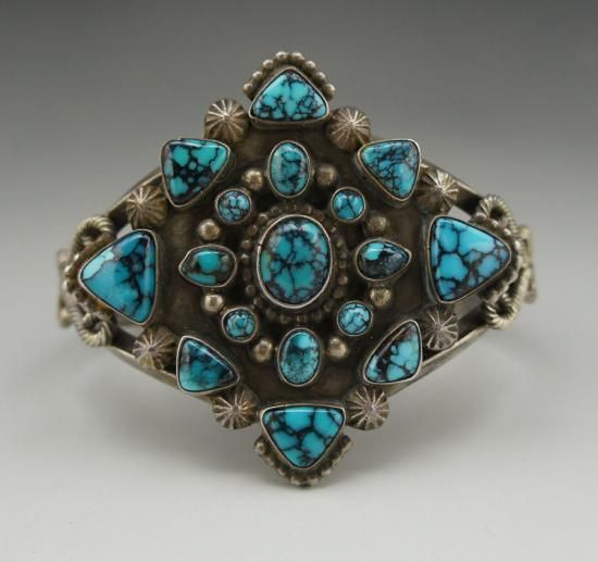 Navajo Dean Sandoval Jr Kingman Turquoise Cluster Bracelet - 練馬