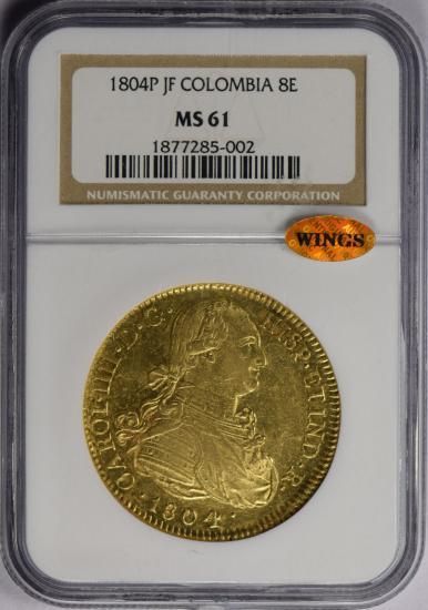 コロンビア 1804P JF 8エスクード カルロス4世 金貨 NGC MS61 WINGS