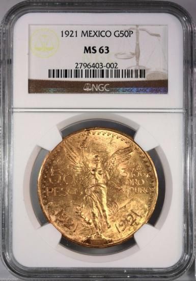 メキシコ 1921 50ペソ 自由の女神と蛇喰鷲 大型金貨 人気の初年号 NGC