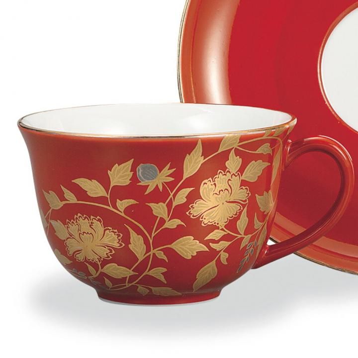 コーヒーカップ＆ソーサー 金襴手 赤 / 大志窯 化粧箱入り - 和食器の