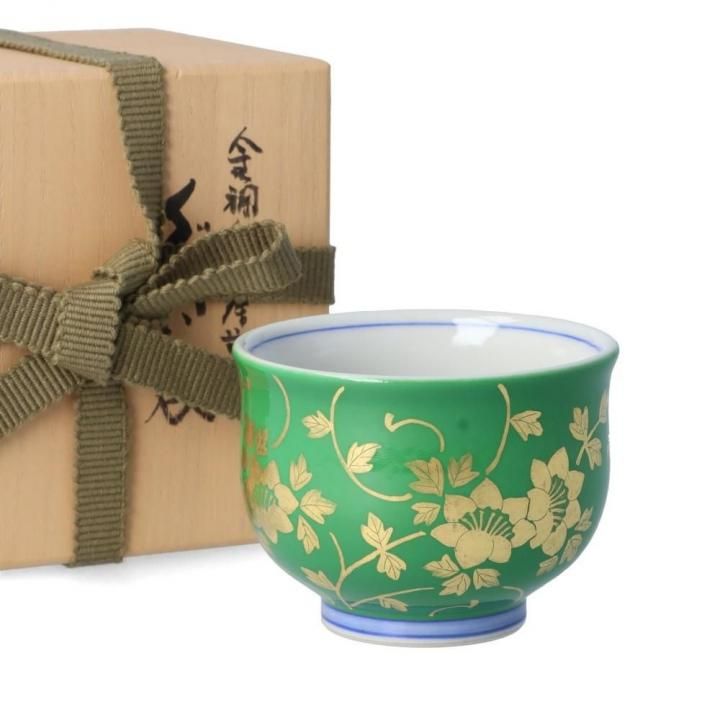 ぐい呑 金襴手花唐草文 緑(桐箱入)/人間国宝 吉田美統