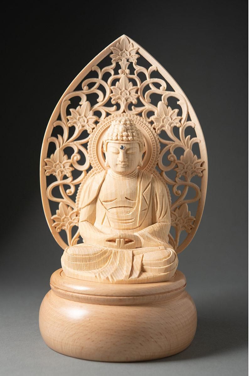 天台宗】白木製 阿弥陀如来(座像/2.5寸) 現代調丸台座 唐草光背 仏像