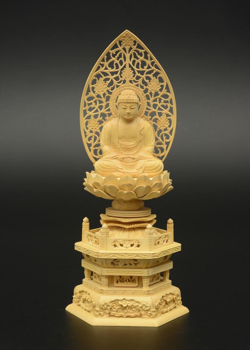 曹洞宗・臨済宗】柘植製 釈迦如来(座像/3寸) 六角台座 唐草光背 眼入