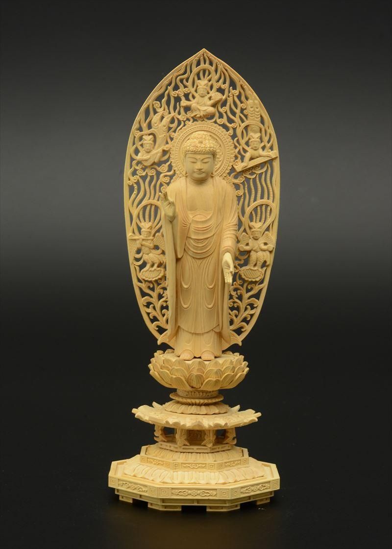 浄土宗・時宗】柘植製 舟立弥陀(立像/4寸) 八角台座 飛天光背 仏像