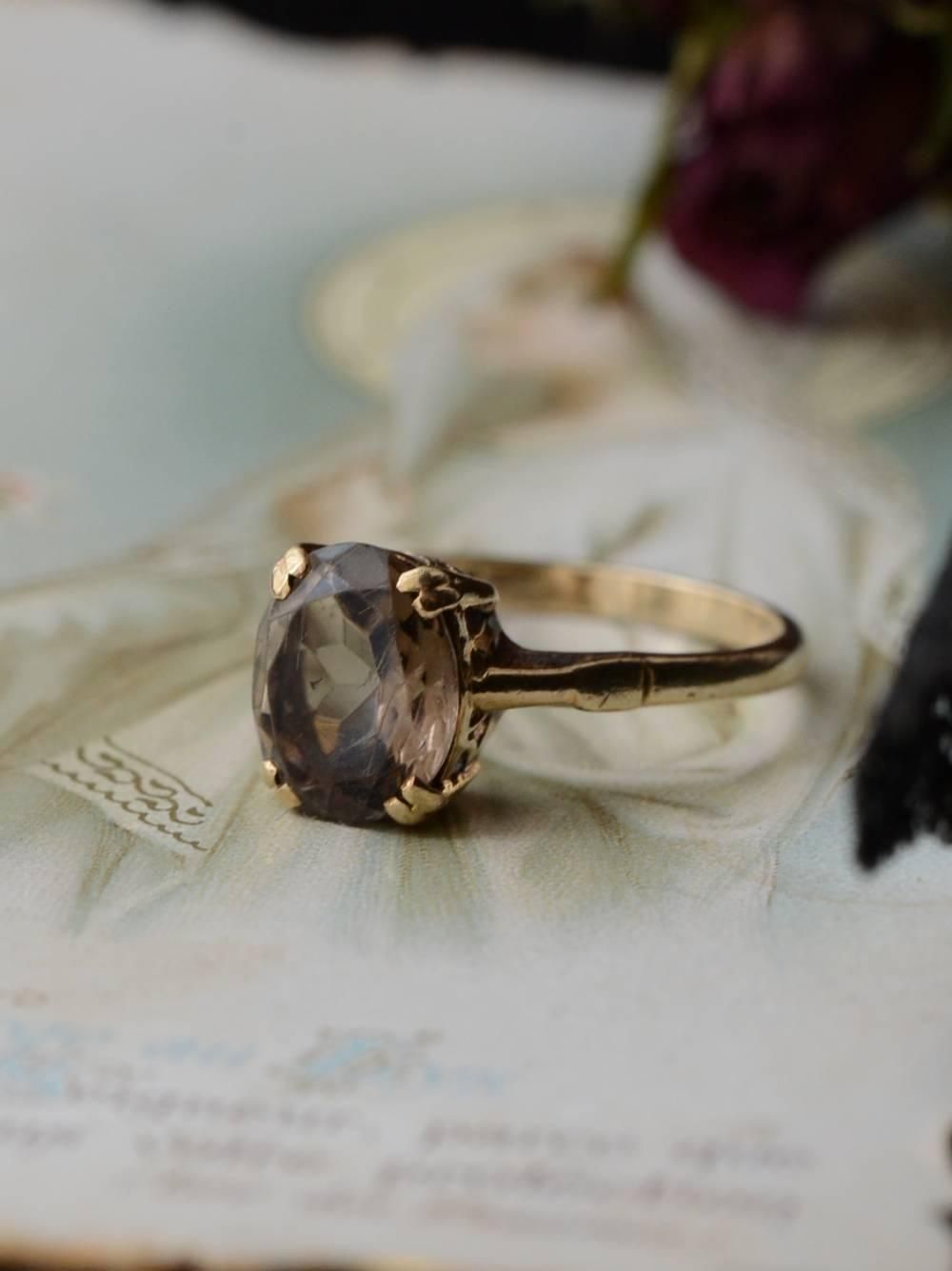 9K スモーキークォーツリング.7 イギリスヴィンテージジュエリー 指輪