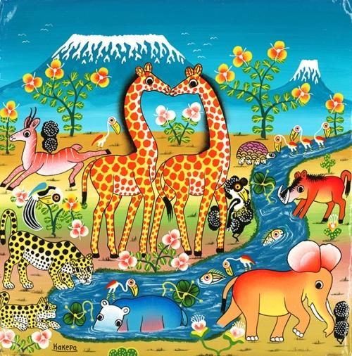 ティンガティンガ・アート 15855「水辺に集う動物たち～青い