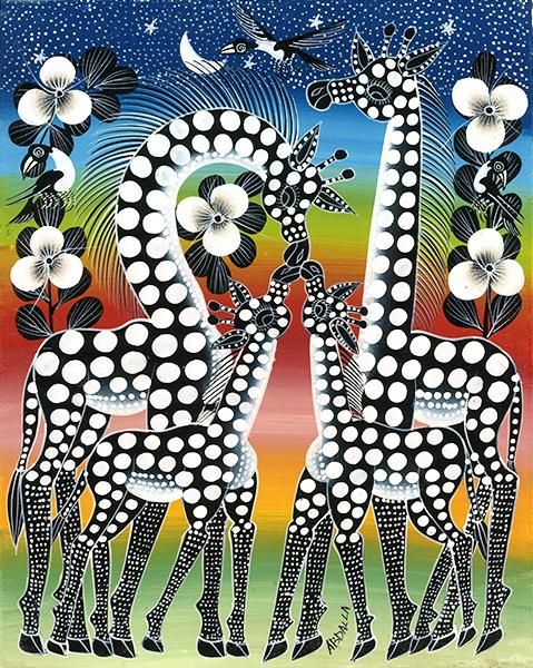 ティンガティンガ・アート 226「キリンの家族～モノクロ～星空