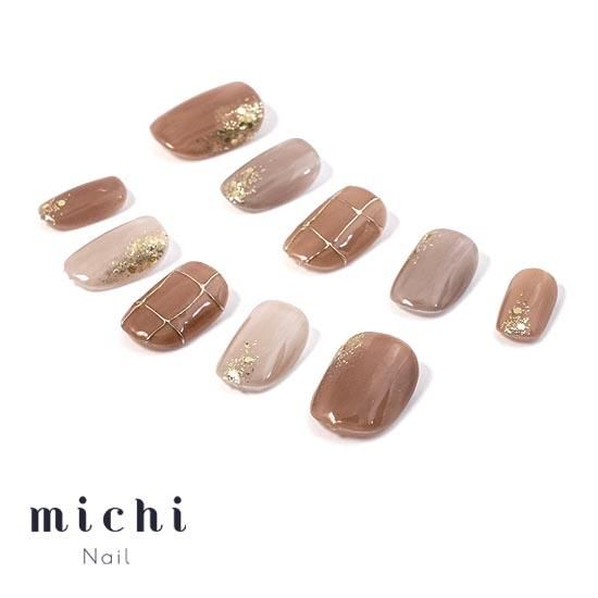 秋カラーのミラーチェックネイル- ネイルチップ専門店ミチネイル