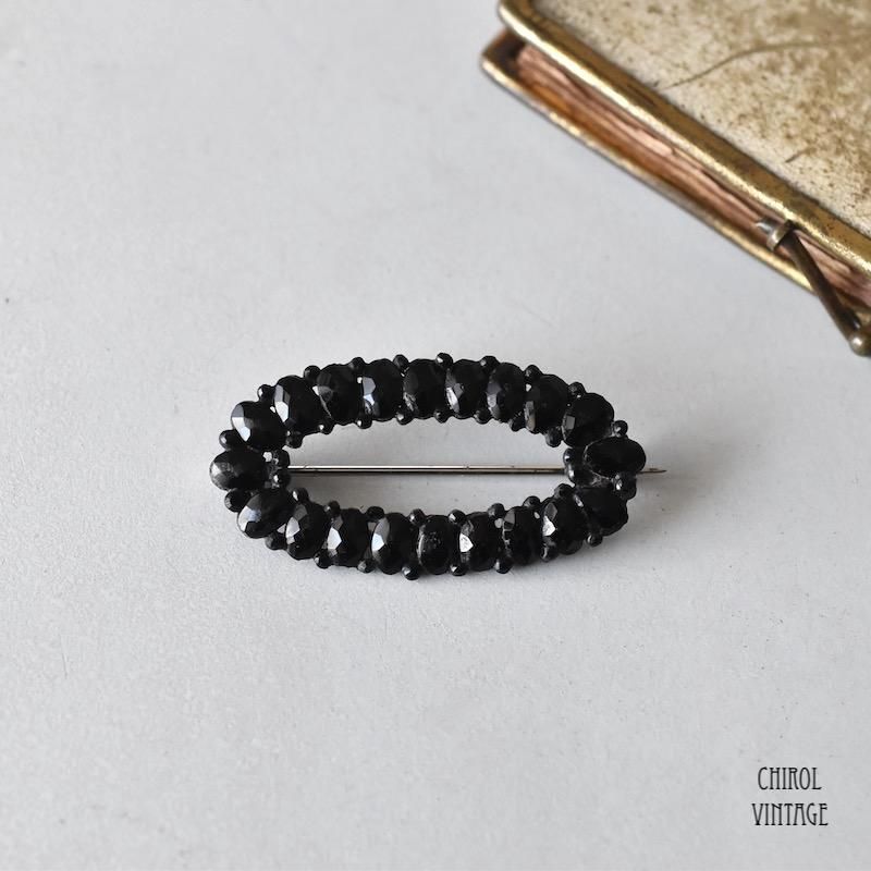 アンティーク フレンチジェット オブロングサークルブローチ - CHIROL