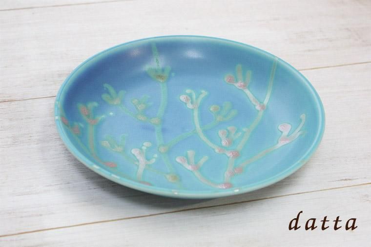 やちむん 沖縄の海と珊瑚のプレート 7寸皿 ターコイズ色 沖縄陶器