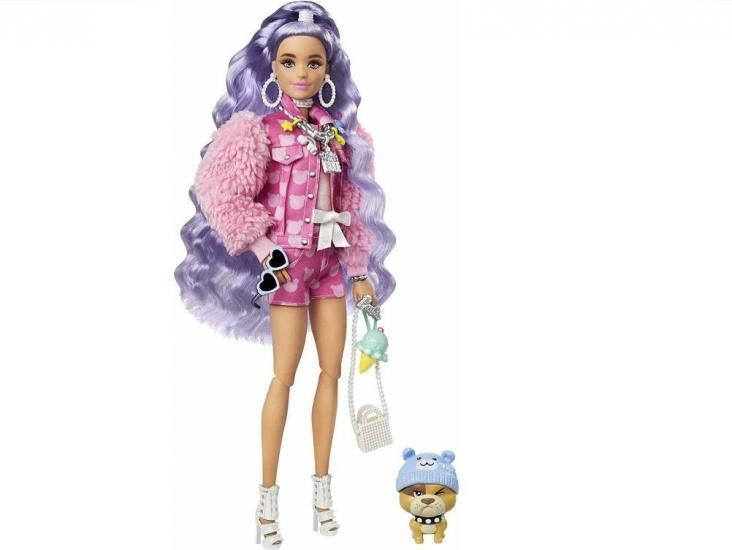 バービー エクストラ パープルヘア ポーザブル ドール ピンクのファー