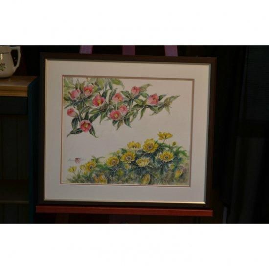 水彩画 花 侘助と福寿草 作者 瀧早苗 - 瀧早苗アートギャラリー | 花の
