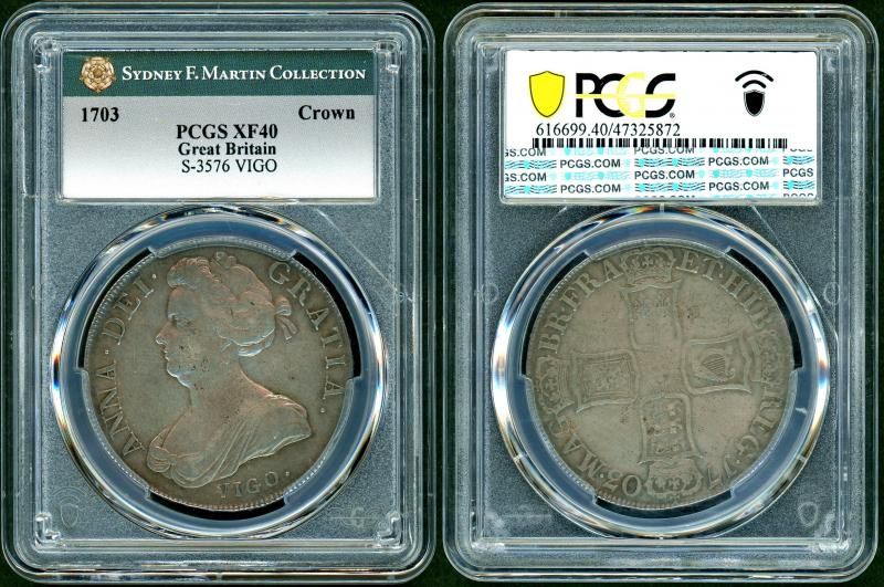 イギリス アン女王 1703年 CROWN銀貨 VIGO PCGS XF40 - 名古屋 創業70