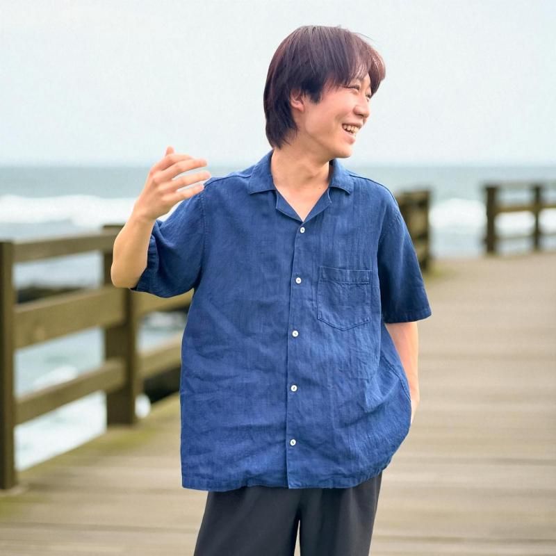開襟シャツ リネン | 正藍染 メンズ - 天然素材服 Takane Sewing Studio