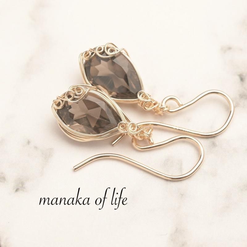 スモーキークォーツ ピアス ワイヤーラッピング 14kgf 天然石 | 天然石