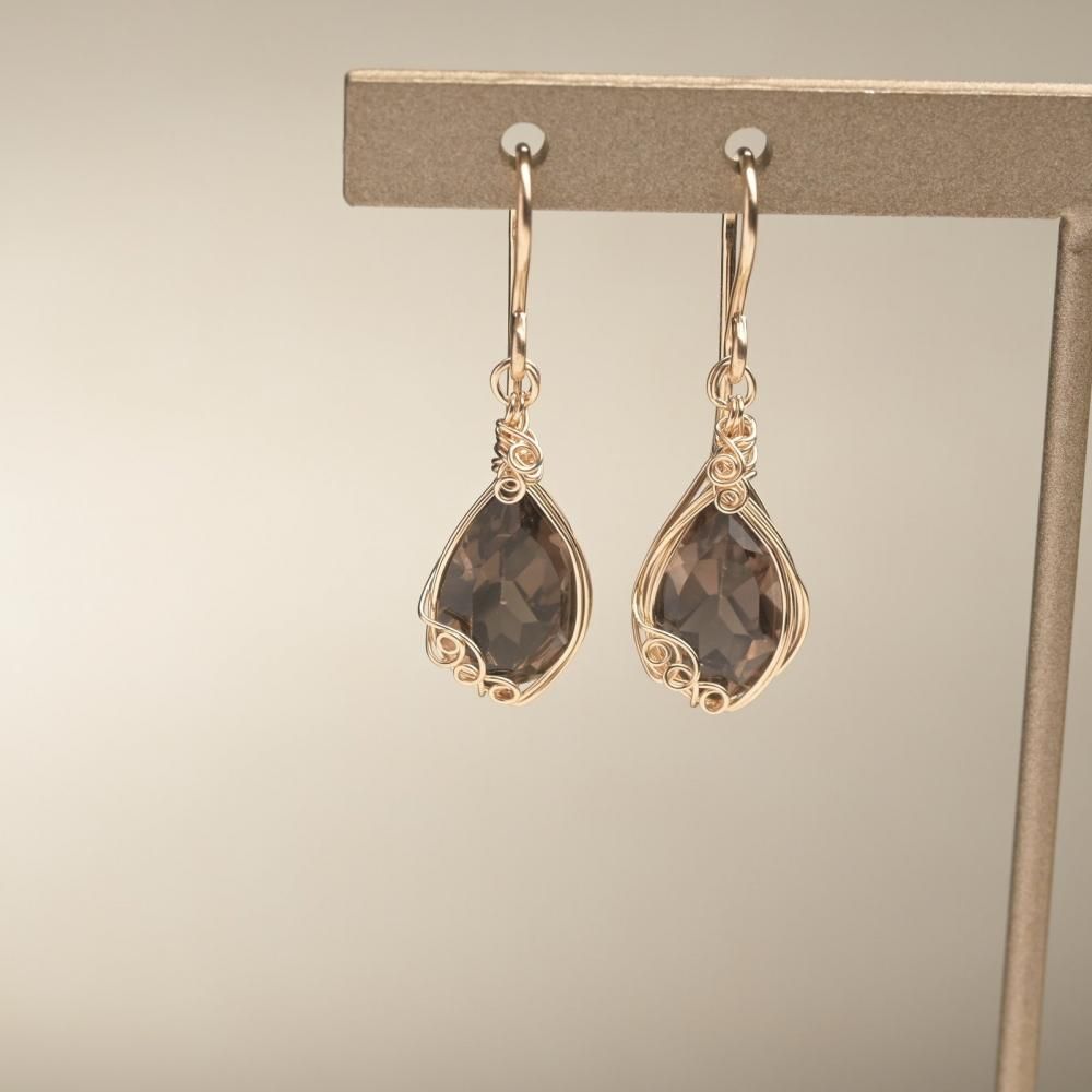 スモーキークォーツ ピアス ワイヤーラッピング 14kgf 天然石 | 天然石