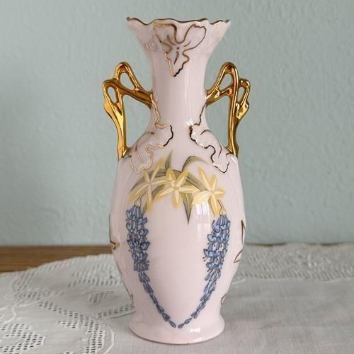 チェコスロヴァキア ホドフのピンクポーセリンの花瓶 青と黄色の花